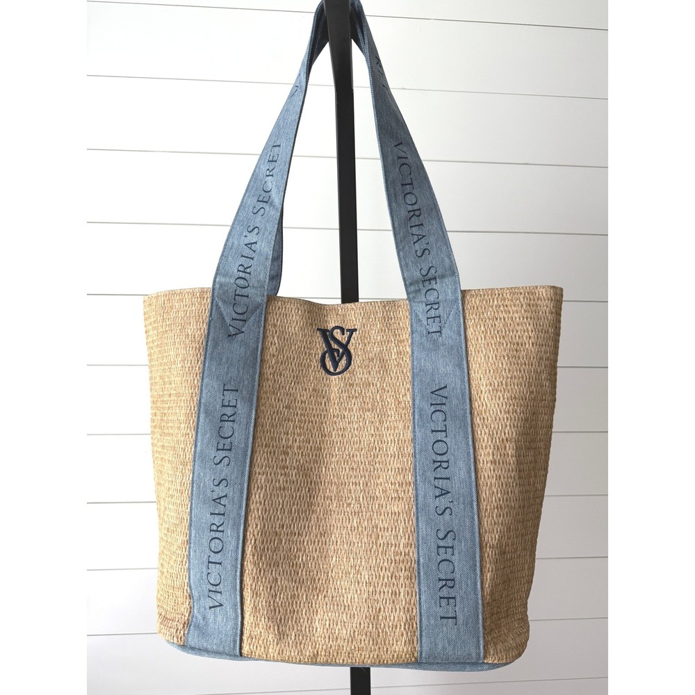 Victoria's Secret Paper Straw Tote Bag with Denim Logo Straps Lined Snap Closure